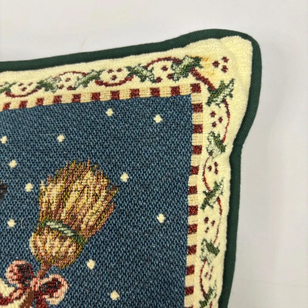 Vintage Christmas Snowman Woven Tapestry Throw Pillow Blue Green 12x12 Holiday